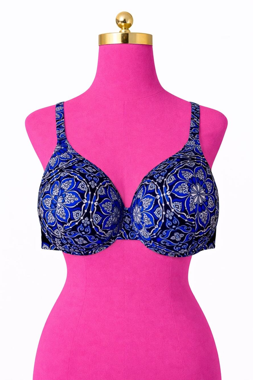 Cacique Lightly Lined Full Coverage High Lift Bra White Blue Paisley Print 44G